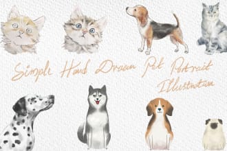 do custom pet portrait, couple portrait, simple pet illustration