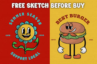 retro vintage cartoon mascot in 80s 90s for  food drink and clothing brand