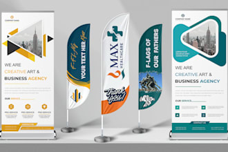 do print ready roll up banner and feather flag design in 2 hours