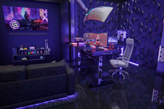 create 3d realistic render gaming room ,streaming ,or any room