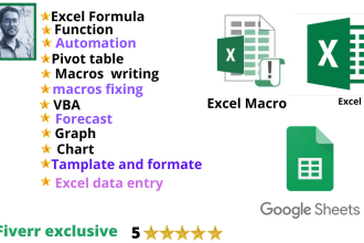 do excel, spreadsheet,automation, formulas, data entry, macros, vba, pivot table