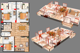 make 3d floor plan and design from 2d drawing or hand sketch plan