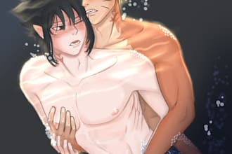 draw anime, bl, couple oc character illustration for you
