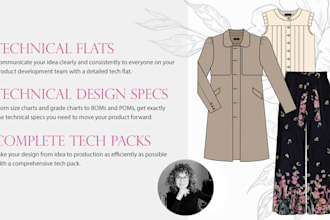 provide detailed apparel flat sketches or complete tech packs