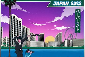 draw a retro 90s 80s japanese anime city illustration