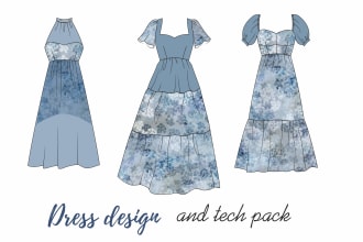 create technical flat drawings of dresses and tech pack