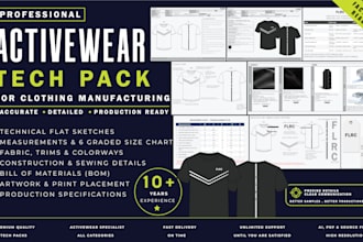 design high detailed activewear tech pack for manufacturing