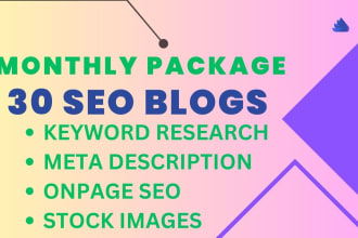 write and publish 30 SEO articles and blog posts monthly with stock images