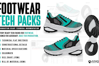 create footwear tech pack and technical flat sketches