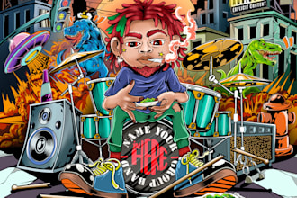 create an illustration album cover for all genre music with cartoon style