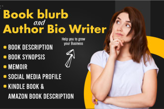 write book blurb, book description, synopsis and author biography or bio for you