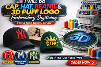 do embroidery digitizing for cap, hat, left chest logo in dst pes