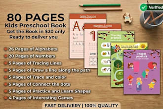 provide 80 pages print ready book of letters, numbers and tracing worksheets