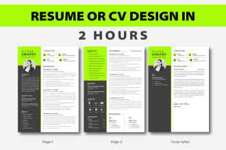 design modern resume CV and eye catchy cover letter in 2 hrs