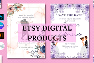 setup etsy digital product store, design products and list with SEO