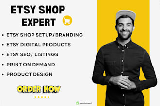 setup etsy shop, design digital products, etsy seo and print on demand