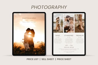 design a photography pricing guide, price list nd sell sheet