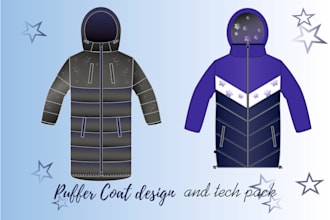 create technical flat drawings of puffer coats and tech pack