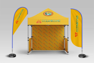 design outdoor canopy tent, trade show booth, table cover, flags, rollup banners