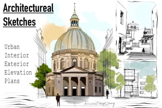 draw architectural sketches of building interior and exterior