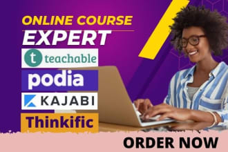 setup kajabi website and sales funnel,teachable, thinkific online course website