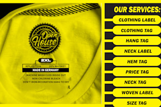 design clothing tags, hang tag, shirt tag, neck tag or label