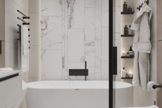 create a 3d model and render of bathroom design