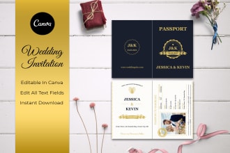 premium wedding invitation passport canva, editable rsvp, save the date, menu
