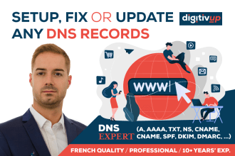 setup and fix any dns a, cname, txt, ns, mx, spf, dkim, dmarc records