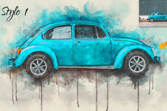 create realistic watercolor portrait style car, bike vehicle