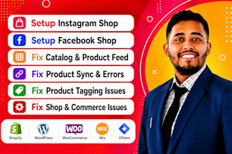 fix and set up facebook shop, instagram shop with shopify wordpress wix