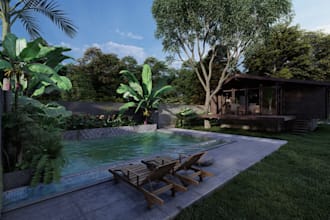 design home landscape backyard, pool, 3d realistic rendering