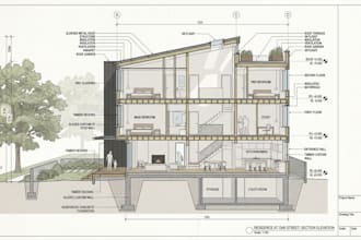 photoshop rendering design of an architectural 2d section, elevation