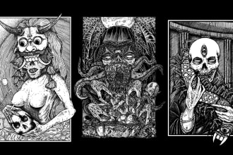 draw detailed dark art, horror, skull, fantasy illustration