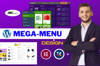 design or redesign wordpress mega menu fix header, footer, elementor website
