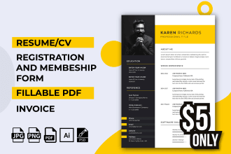 create unique CV, registration or membership form, fillable pdf form, invoice