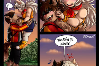 draw a stylized comic page with human or furry characters