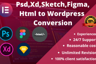 convert xd, figma, PSD to wordpress using elementor pro