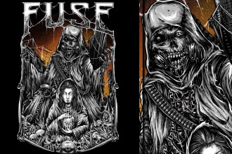 create t shirt designs for bands or brands with music themes and characters etc