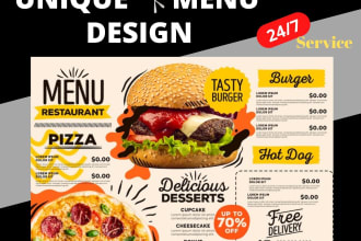 design marvelous food menu design, digital menu board and food flyer