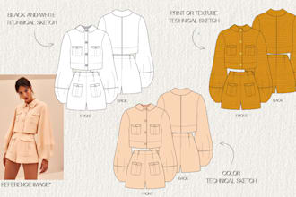 create detailed fashion technical flat drawings