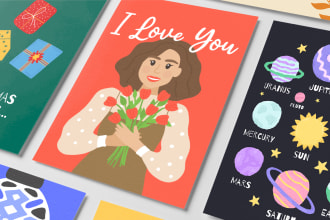draw birthday, greeting, christmas card, postcard in hand drawn style