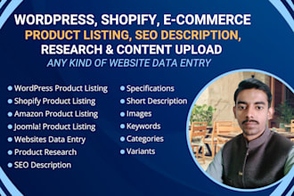 do wordpress, shopify, ecommerce, product listing, SEO, research, content upload