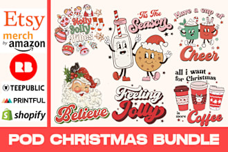 provide trendy christmas tshirt designs bundle for pod and esty