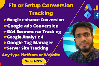fix or setup google analytics 4,ga4 ecommerce tracking via tag manager, fb capi