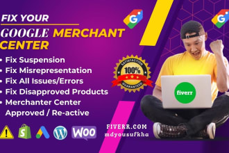 fix google merchant center suspension, misrepresentation, any feed error issues