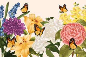 draw botanical illustration of flowers, plants, fruits