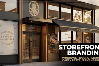 storefront, window graphics, and outdoor signage for cafe restaurant and bakery