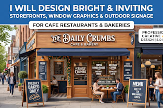 storefront, window graphics, and outdoor signage for cafe restaurant and bakery