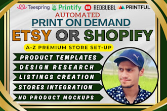 set up esty or shopify print on demand store with printify, printful, redbubble